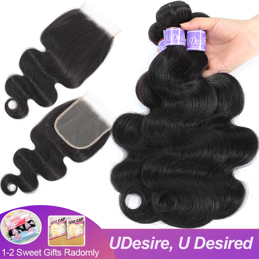 Human Hair Bundles with HD Closure Brazilian Virgin Hair Body Wave 100% Unprocessed Brazilian Body Wave Virgin Hair bundles with 4x4 Lace Closure Human hair Extensions(12 14 16+10inch)