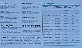 iCollagen, 5Tip Kolajen,Sindirim Yardımcısı,Probiyotik,Biotin,Vitamin C, 60 Tablet,1500 Mg