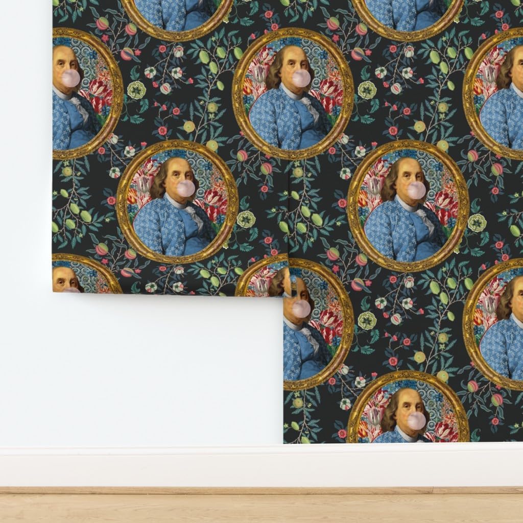 Spoonflower Removable Wallpaper 3ft x 2ft - Bubblegum Ben Franklin President Floral Print Charcoal Novelty Custom Pre-Pasted Wallpaper