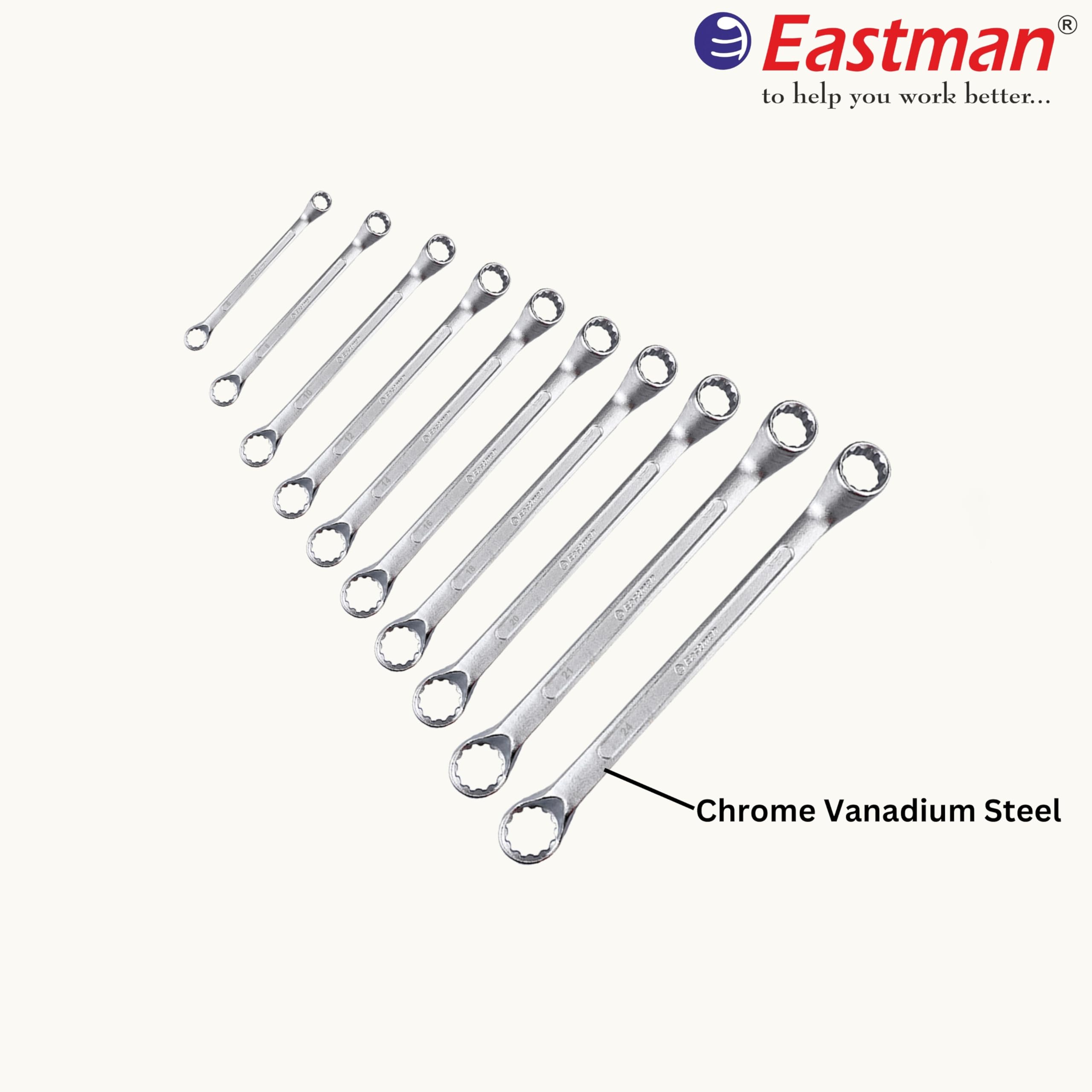 Eastman Bi-Hexagonal Ring Spanners - Shallow Offset - Crv Set Of 10 Pcs, Kit-07-100SD,Automotive Spanner Kit Chrome Vanadium Steel, Chrome Plated Ideal For Mechanical Work and Automotive Work (E-2007) 2