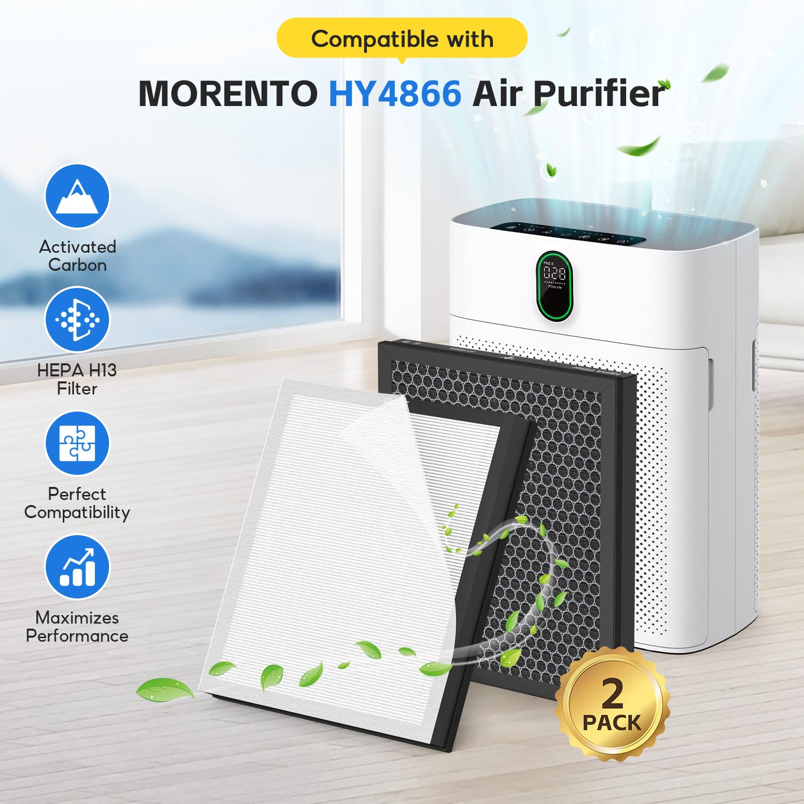 2 Pezzi HY4866 Filtro di Ricambio, Compatibile con Perfiltro Purificatore D'aria MORENTO HY4866, HY4866-WF, WESTHEY HY4866, Filtro HEPA 3 in 1, Numero di Parte HY4866