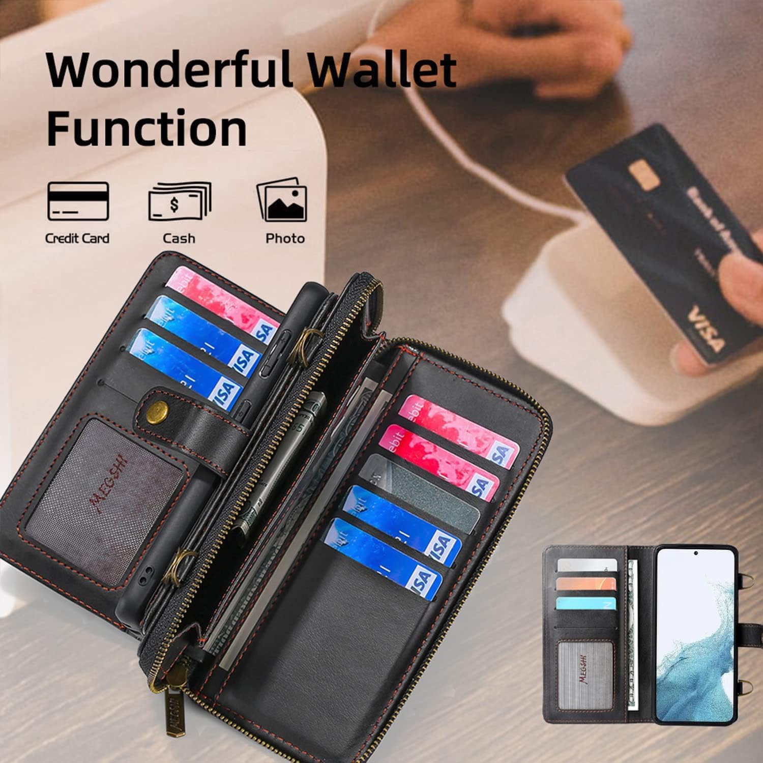 Detachable 2 in 1 Wallet Case for Samsung Galaxy S25 Plus S24+ S25+ 5G with Wrist Strap,Crossbody Shoulder Strap, 9+ Card Slots Zipper Purse,Stand Phone Cover for S25Plus 25S 25+ Black