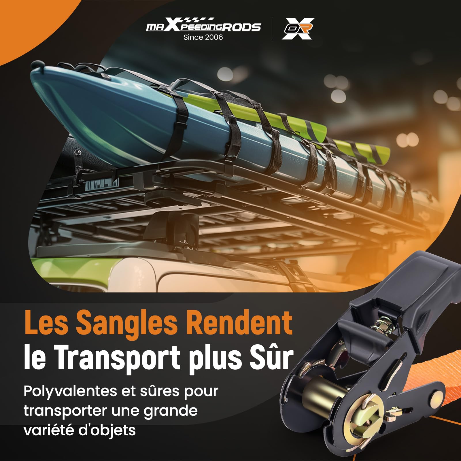 maXpeedingrods 4 x997 kg Sangles d'arrimage Sangle à Cliquet de 4,5m Orange | avec Crochet en S à Clip de Sécurité, en 12195-2