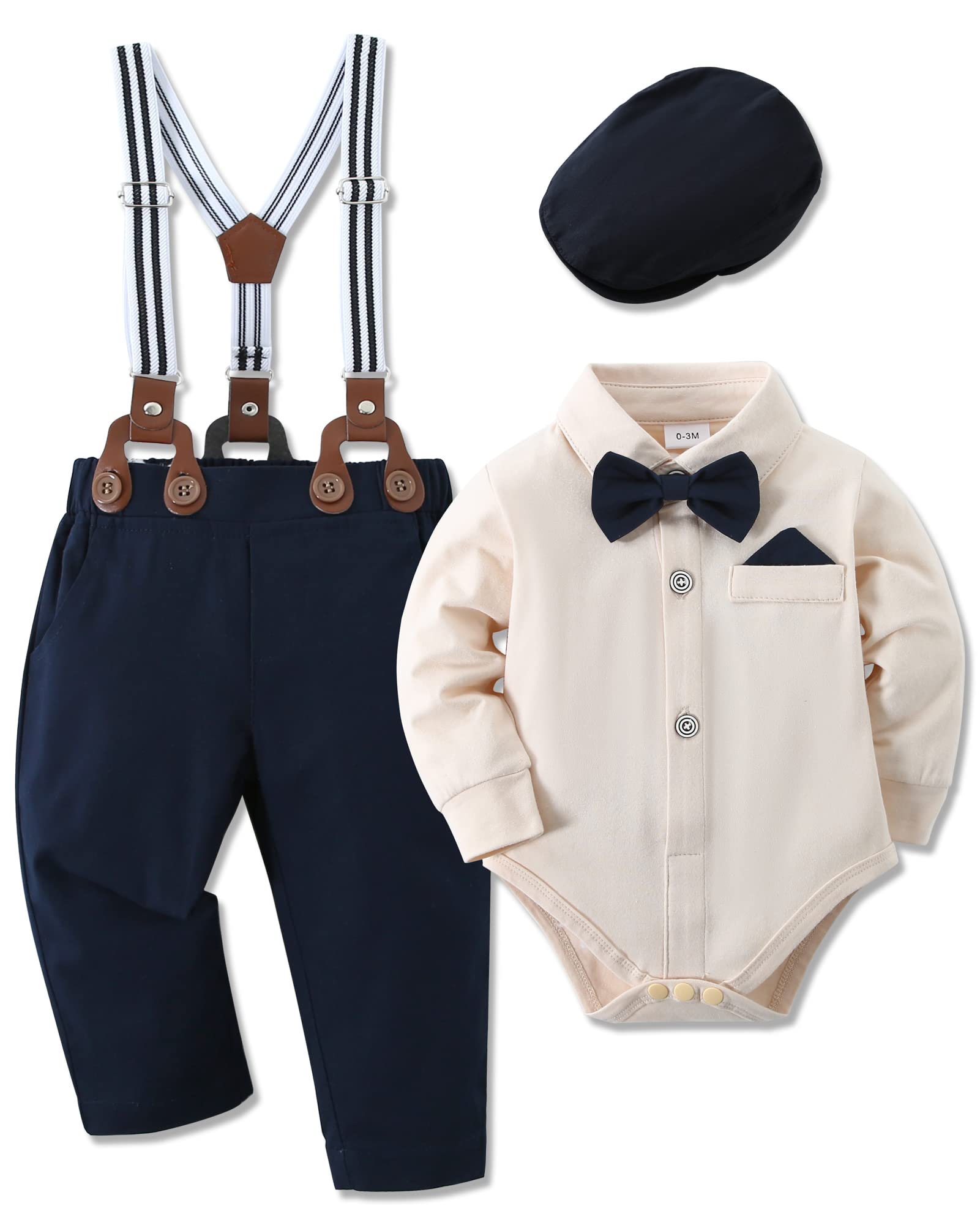 WESIDOM Conjunto de ropa para bebé niño de 0 a 18 meses, camisa, corbatín, boina, pantalones con tirantes, color beige, 12-18 meses, Beige, 12-18 Months