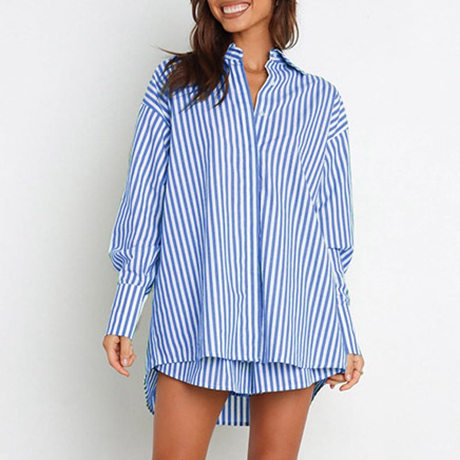 Conjunto de pantalones cortos casuales de primavera y verano para mujer, camisa a rayas de manga larga dividida de dos piezas