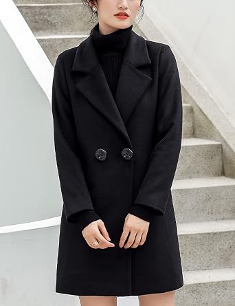 Tanming Womens Elegant Notched Collar Button Wool Blend Solid Long Pea Coat Overcoat