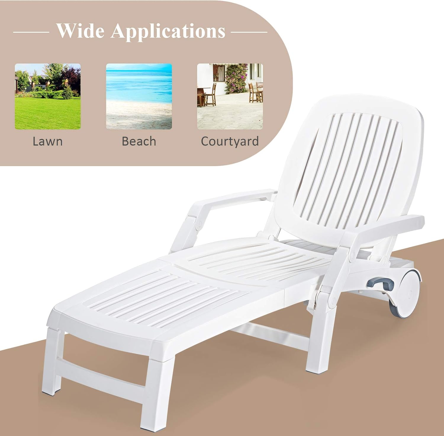 Giantex Chaise Lounge Outdoor 6 Adjustable Backrests Lounge Chair Recliner with Wheels for Patio, Poolside, Garden Foldable Beach Sunbathing Lounger(2, White) : Patio, Lawn & Garden