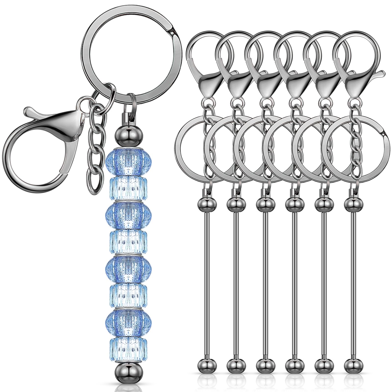 Huwena 6 Pcs Beadable Keychain Bars Blanks Bead Keychain Metal for Pendant DIY Crafts Jewelry Making Gift