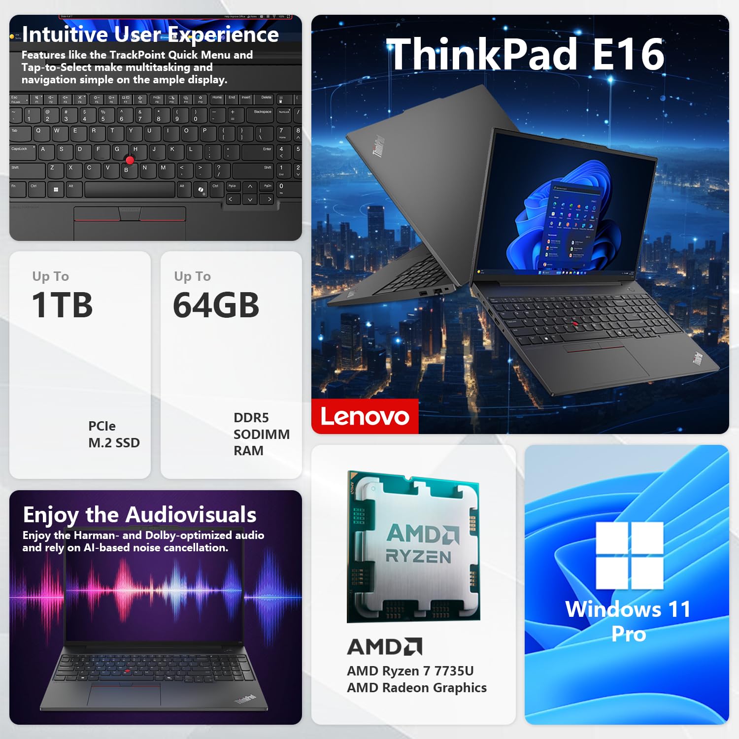 Lenovo ThinkPad E16 Gen 2 Business Laptop, 16" FHD+ Display, AMD Ryzen 7 7735U, 64GB DDR5 RAM, 1TB SSD, Fingerprint, Backlit, Wi-Fi 6, Windows 11 Pro, Bundle with Thunderobot 7-in-1 USB-C Hub