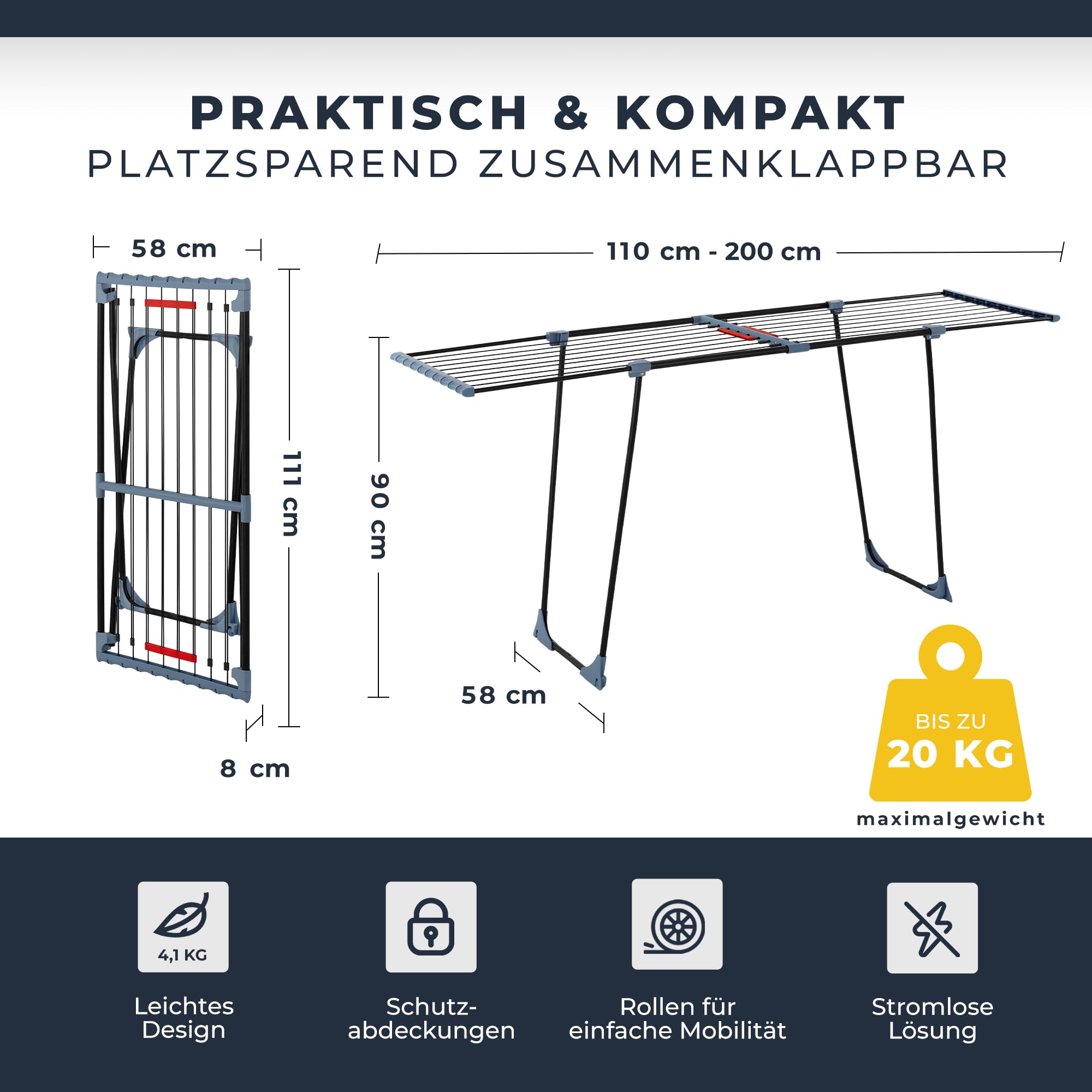 Séchoir à linge extensible XXL, surface de séchage 20 m, stable, peu encombrant, avec pinces, support pour linge domestique, noir (Phoenix noir)