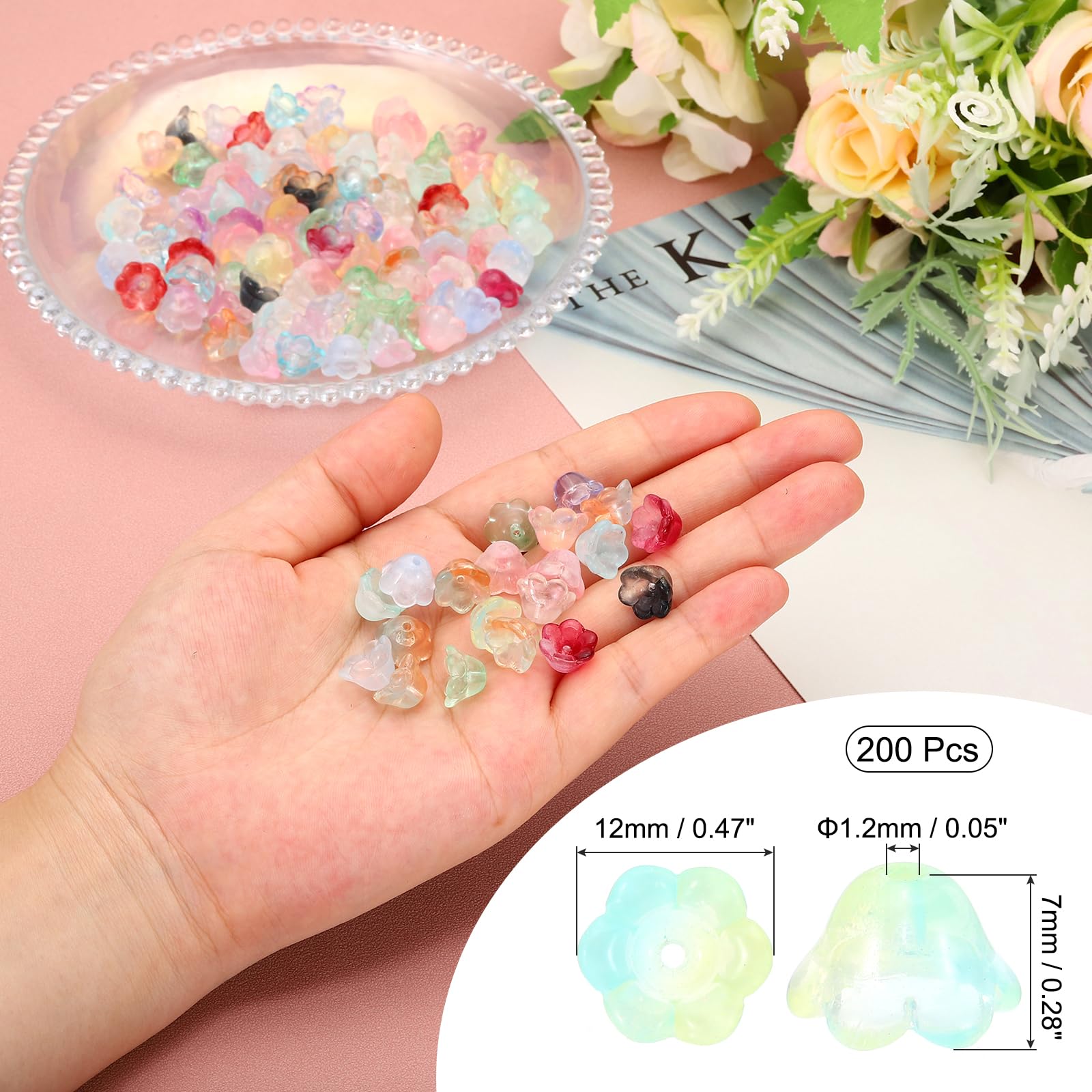 PATIKIL Glass Trumpet Flower Beads, 200 Pcs Gradient Flower Bead Charm for DIY Craft Decorations Yellow, Green - Image 2