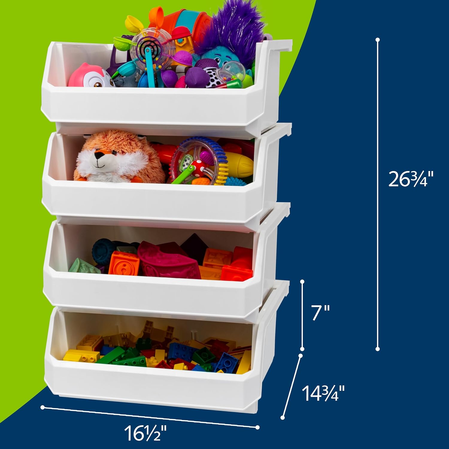 Plastic Containers for Organizing and Storage Bins for Closet, Kitchen, Office, Garage or Pantry Organization, Stackable Bins, Extra Large (14.8" x 16.5" x 7"), 4-Pack, White