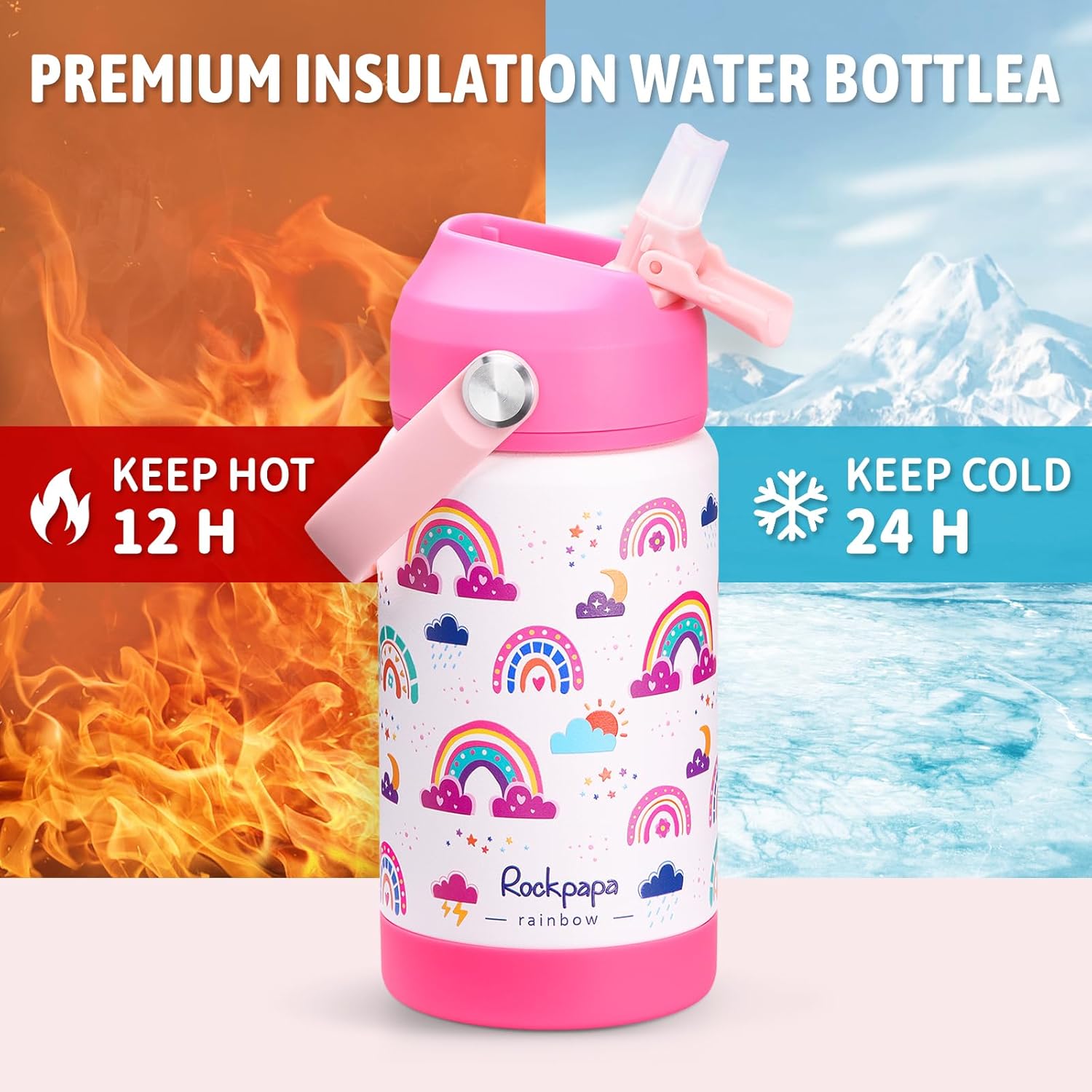 rockpapa 14 oz Kids Insulated Water Bottle,Stainless Steel Toddler Cups with Straws, BPA Free, Leak-Proof, Kids Water Bottle for School Boys& Girls (White Rainbow) - Image 3