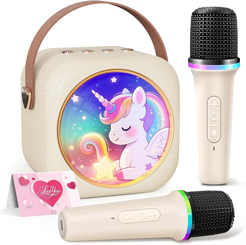 Máquina de karaoke para niños con 2 micrófonos inalámbricos, parlante para niñas con luces LED coloridas de unicornio, regalo de cumpleaños para niños de 3 a 12 años, juguetes portátiles para fiesta en casa