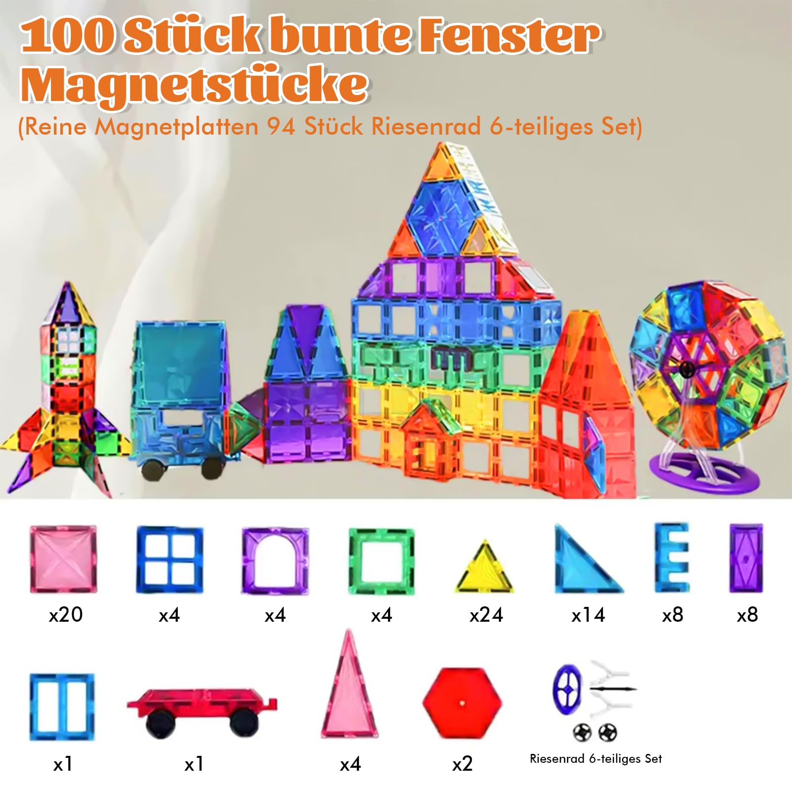 100 Magnetische Bausteine mit 1 Auto, STEM-Bauspielzeug, Kinderspiel Zusammenbauen, Lernspielzeug geeignet fur Kinder ab 3 Jahren,magnetisches Spielzeug fuir denKindergarten (bunt)