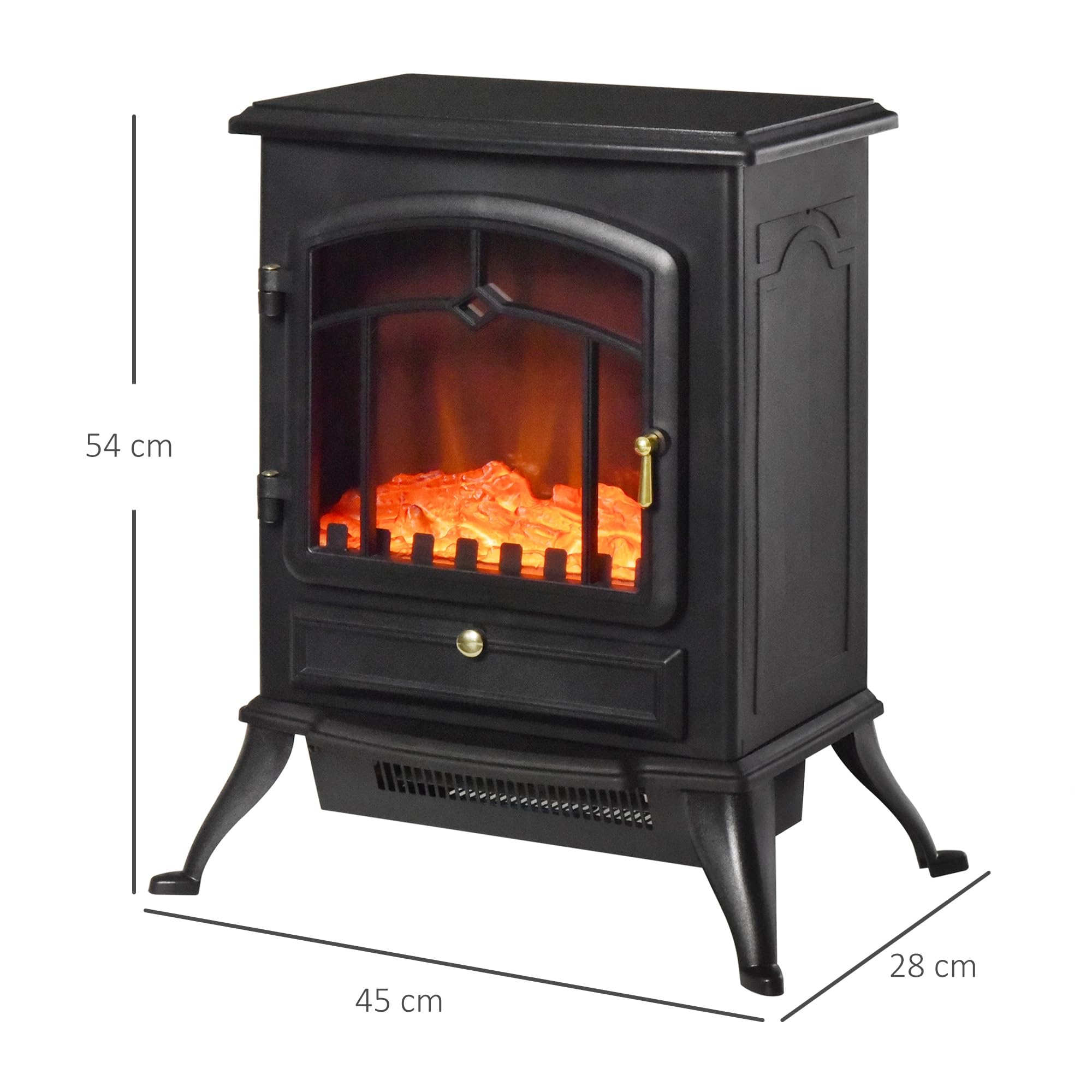 HOMCOM Chimenea Eléctrica Portátil 1000/2000W Chimenea Decorativa de Pie con Efecto de Llama Termostato y Protección contra Sobrecalentamiento para Sala 15-20 m² 45x28x54 cm Negro