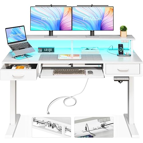 AODK Electric Standing Desk with Drawers & Keyboard Tray, 47 Inch Height Adjustable Small Gaming Desk with Power Outlets & LED Lights, Sit Stand Table with Monitor Stand for Home, Office, White