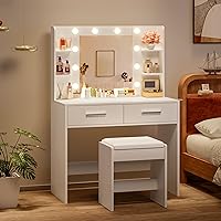 YESHOMY Vanity Desk with Mirror & Stool, 2 Drawers, Power Outlet, 3-Color LED Lights, Easy Assembly - Gloss White Makeup Table