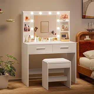 YESHOMY Vanity Desk with Mirror & Stool, 2 Drawers, Power Outlet, 3-Color LED Lights, Easy Assembly - Gloss White Makeup Table