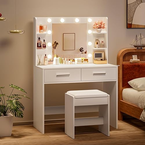 YESHOMY Vanity Desk with Mirror, Makeup Table with 2 Large Drawers, Power Outlet and Round Holder, 3 Color Modes Adjustable Bulb, Bench Included, Easy Assembly, Gloss White