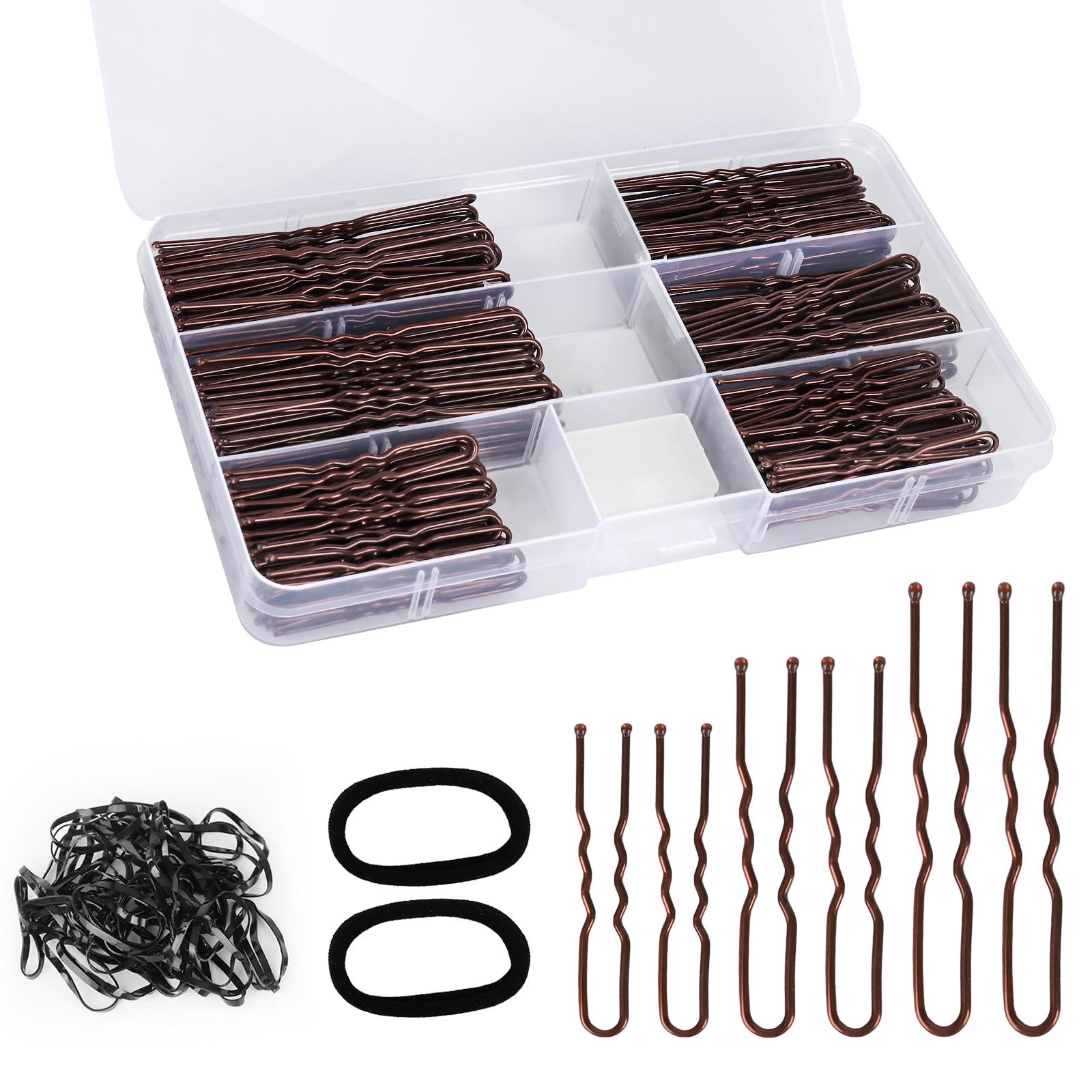 300Pcs U-Shaped Hair Pins (2.8IN, 2.4IN, 2IN) for Women, Kids, Girls - with Storage Box, 2Pcs Thick Seamless Hair Ties, and 50Pcs Elastic Hair Bands