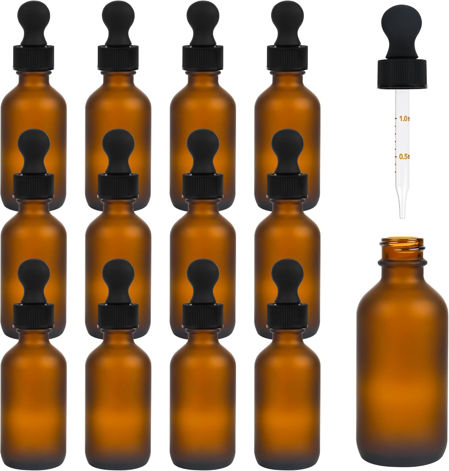 12 Pack Frosted Amber Dropper Bottles, 2oz/60ml Glass Tincture Bottles with Measured Eye Dropper, Leak Proof Travel Bottles for Essential Oils/Chemistry Lab Chemicals/Colognes & Perfumes