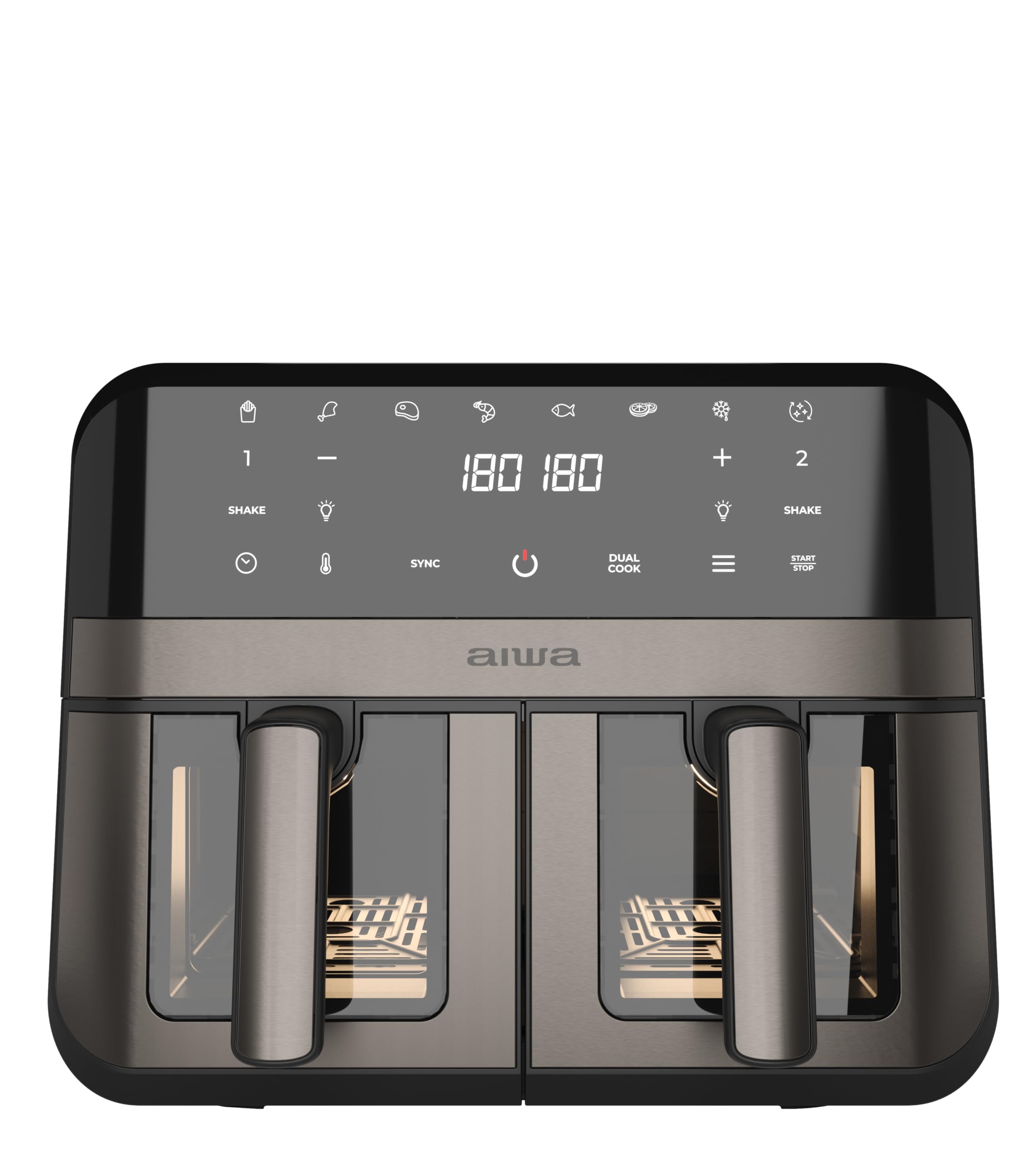 Aiwa Futago AFR‑9000 Frytkownica powietrzna 9 l (2 × 4,5 l), 2400 W, sterowanie cyfrowe, 8 programów, kuchnia podwójna strefa, samoczyszczenie, podwójne okno, ultra cicha, stal nierdzewna/plastik