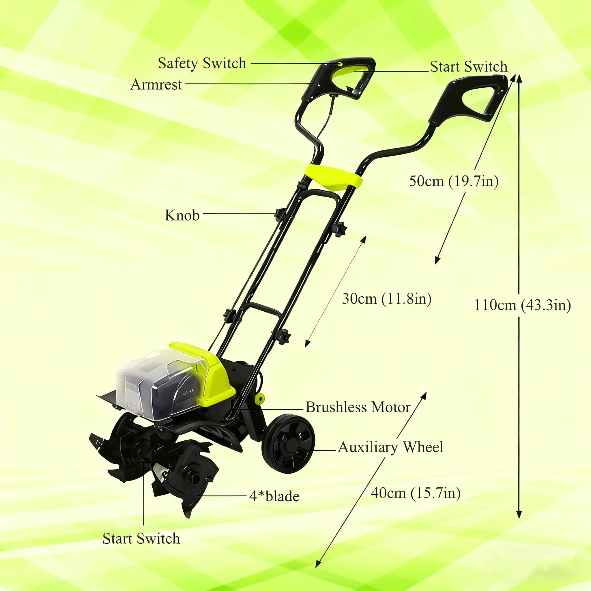 Motocultor EléCtrico InaláMbrico,Cultivador de JardíN A BateríA,Cultivador con Mango Ajustable, Ancho de Labranza de 36 cm, Profundidad de Trabajo de 36cm, Profundidad de 18 Cm para JardineríA.