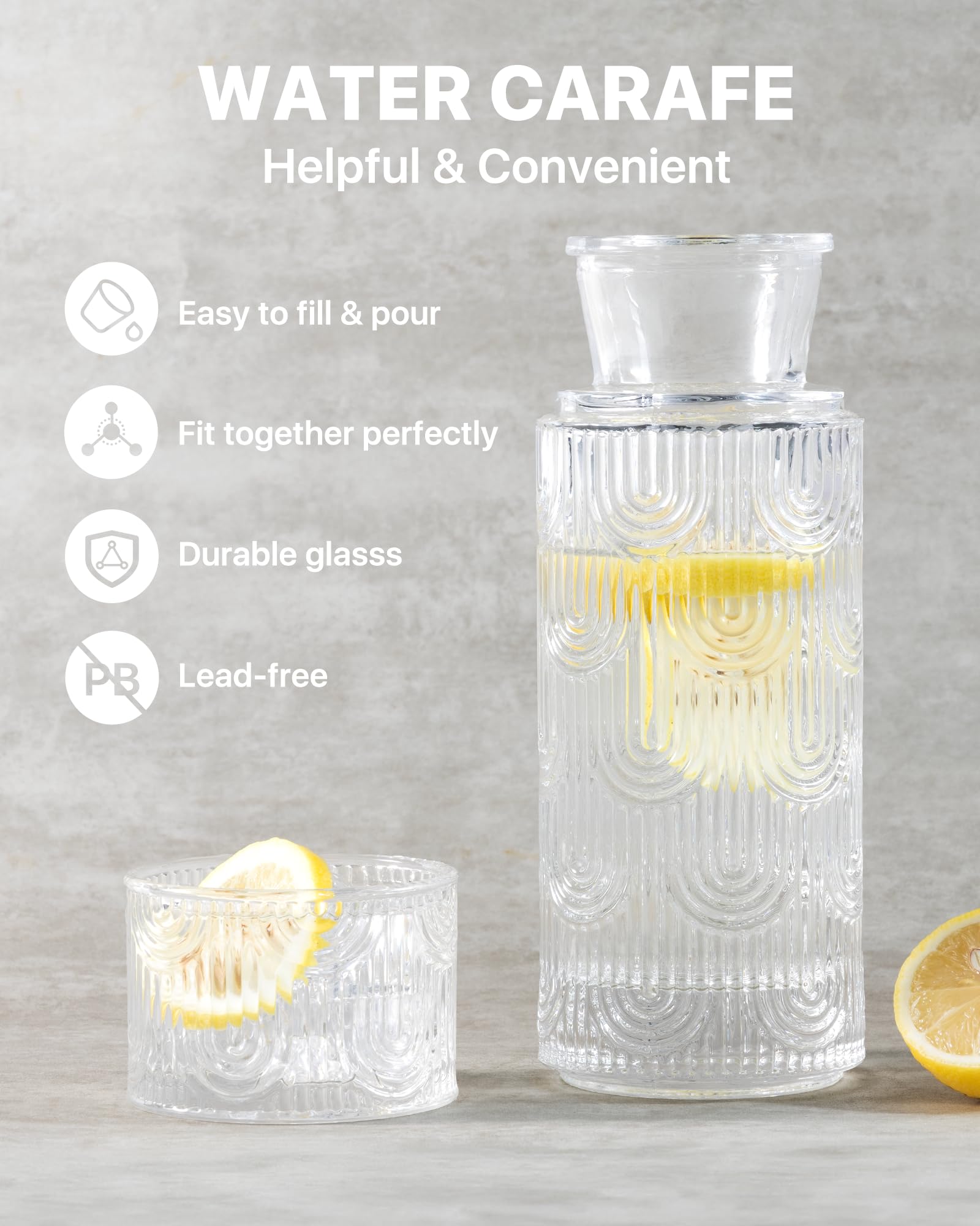 Juego de jarra de agua y vaso para mesita de noche, 612.3 g, transparente | Jarra de 21 onzas con taza de 6 onzas como tapa para agua, agua de limón, té helado, enjuague bucal de baño, servicio diario
