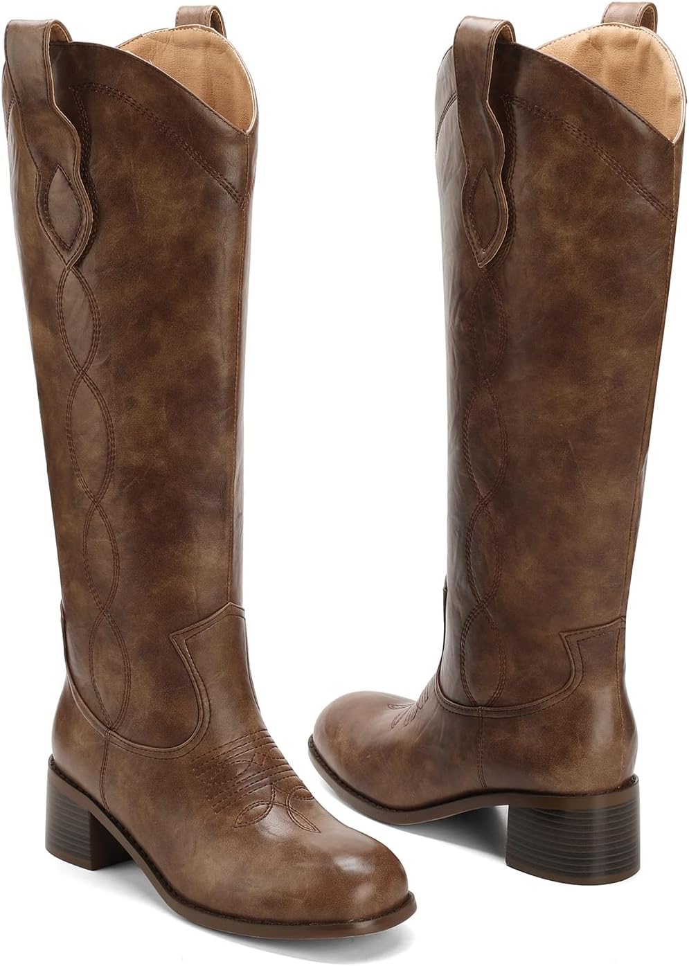 Knee High Boots for Women Square Toe Chunky Block Heel Casual Campus Tall Boots Vintage Western Stitching Style Comfortable Wide Calf Boots for Women