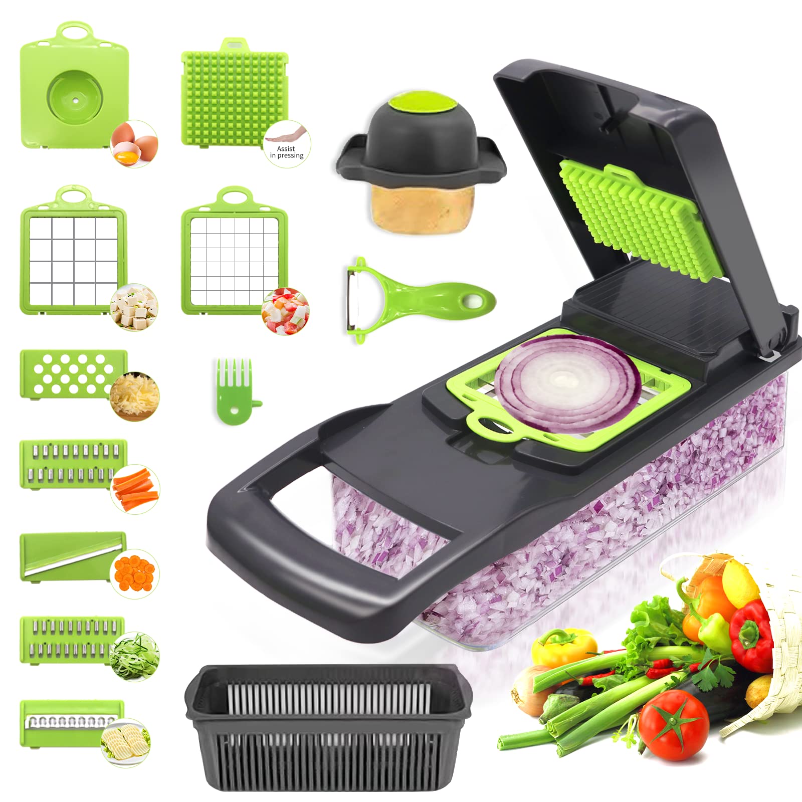 Vegetable Chopper, 16 in 1 Mandoline Vegetable Slicer - Kitchen Multifunctional Vegetable Cutter Onion Chopper Salad Chopper Food Chopper (Gray)