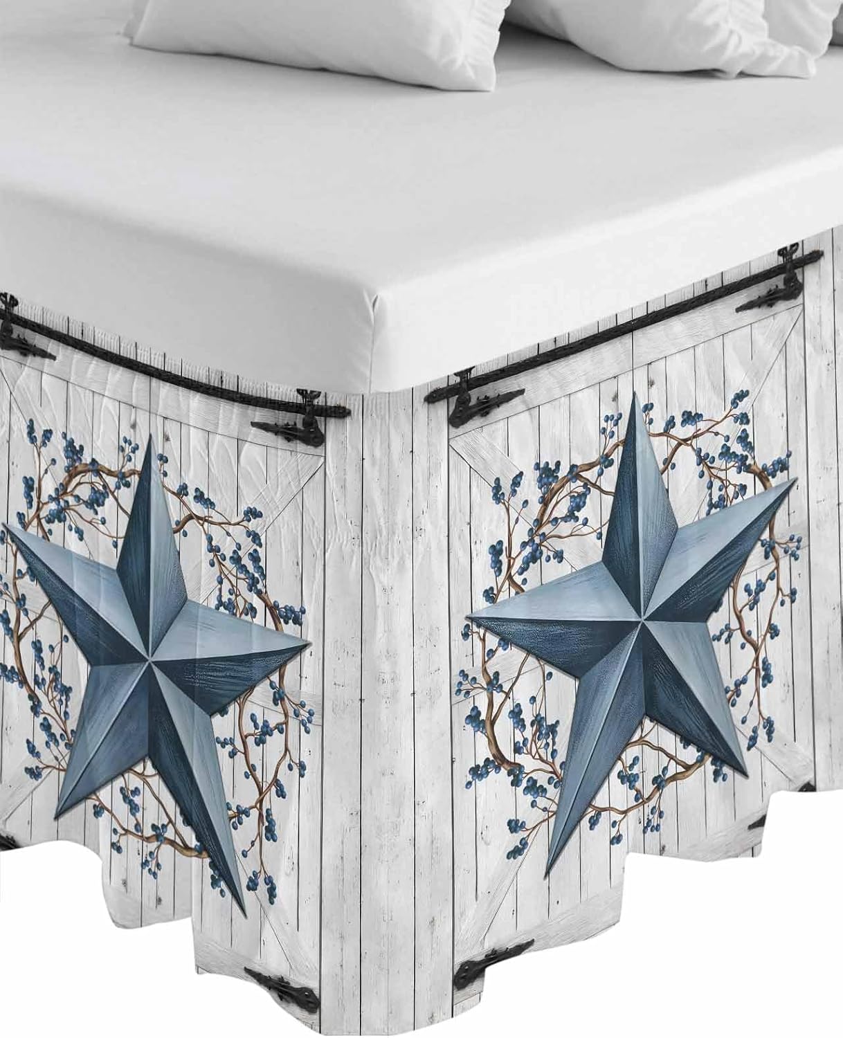 Bed Skirt Blue Barn Star Berry Bedskirt 16 Inch Drop Rustic Farmhouse Door Wall Adjustable Elastic Wrap Around Bed Skirts Dust Ruffle for King Size Bed Frame Cover Bedroom Decor