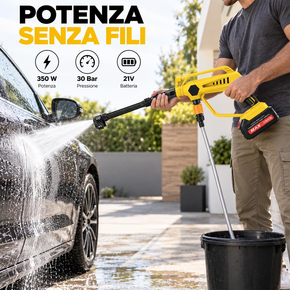 BAKAJI Idropulitrice Professionale ad Alta Pressione Potenza 350W 30 Bar con Borsa di Trasporto e Tantissimi Accessori, 3 Velocità Selezionabili, Ideale per Pulire Moto, Auto, Giardino, Balcone