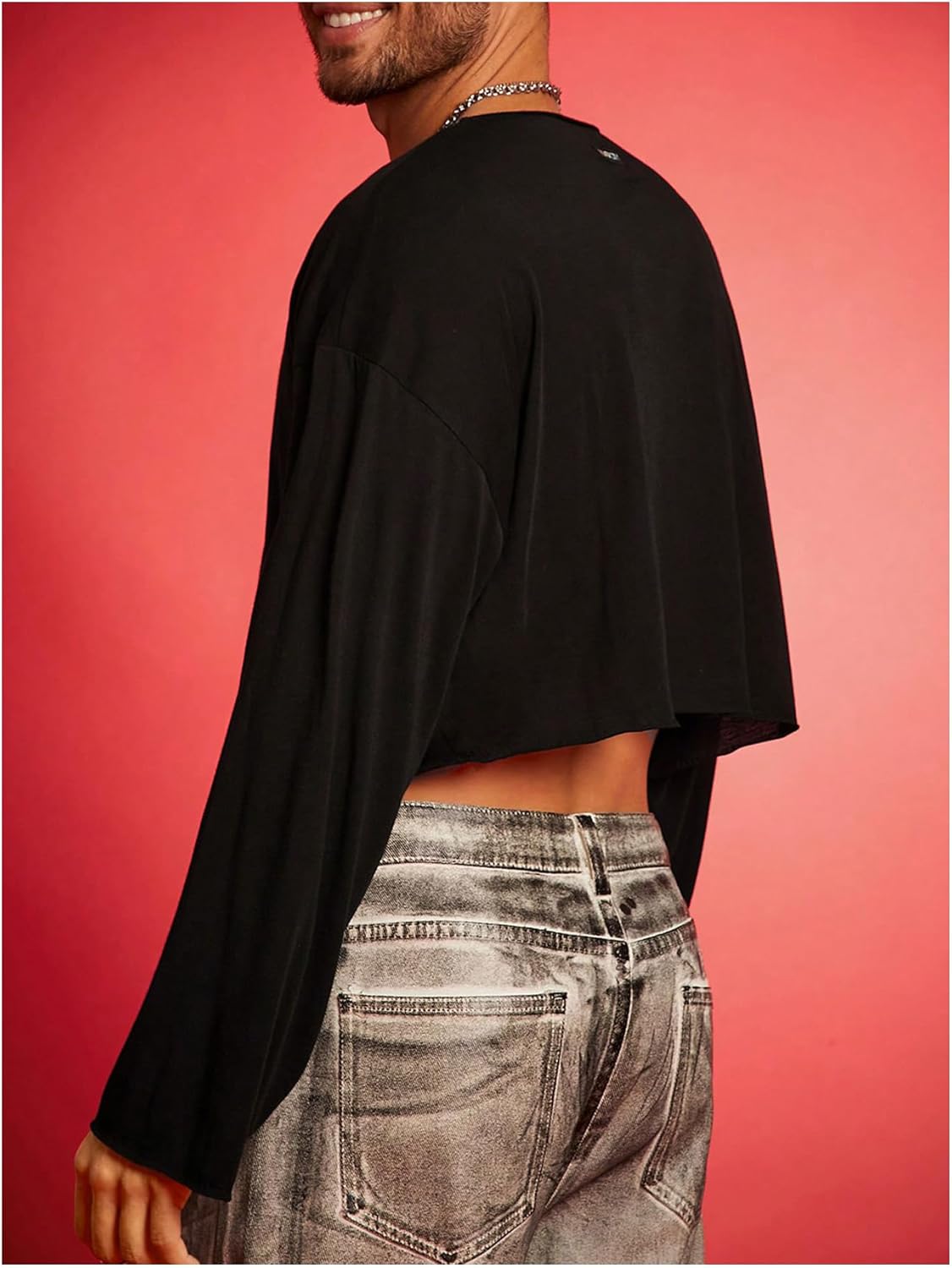 Men's Long Sleeve Crop Top Crew Neck Cropped T Shirt Casual Fall Basic Tees Streetwear - Image 2