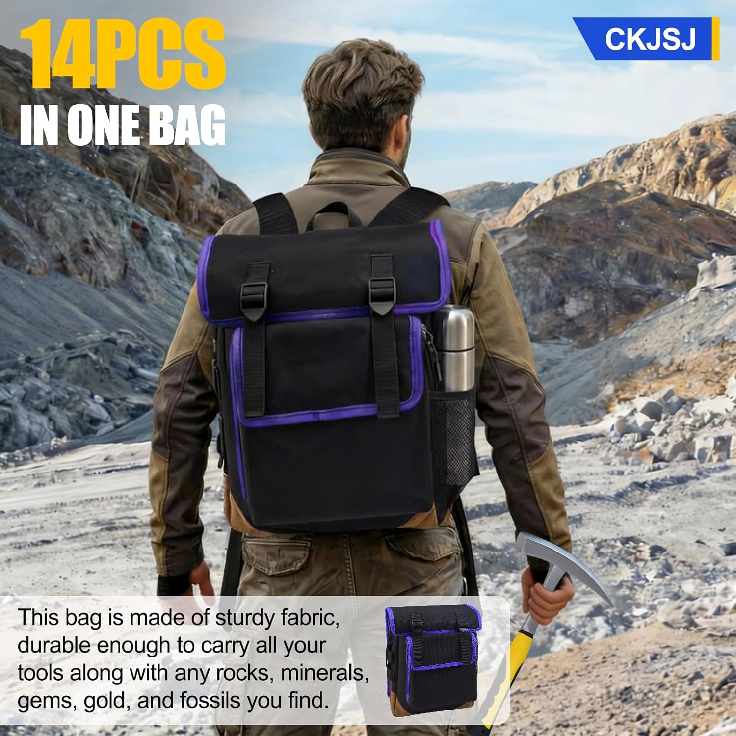 14PCS Geology Rock Hounding Kit, 30oz Rock Pick Hammer with 12" Chisel, Gold Mining & Prospecting Equipment Tool with Backpack, Shovel, Magnifier, Whistle