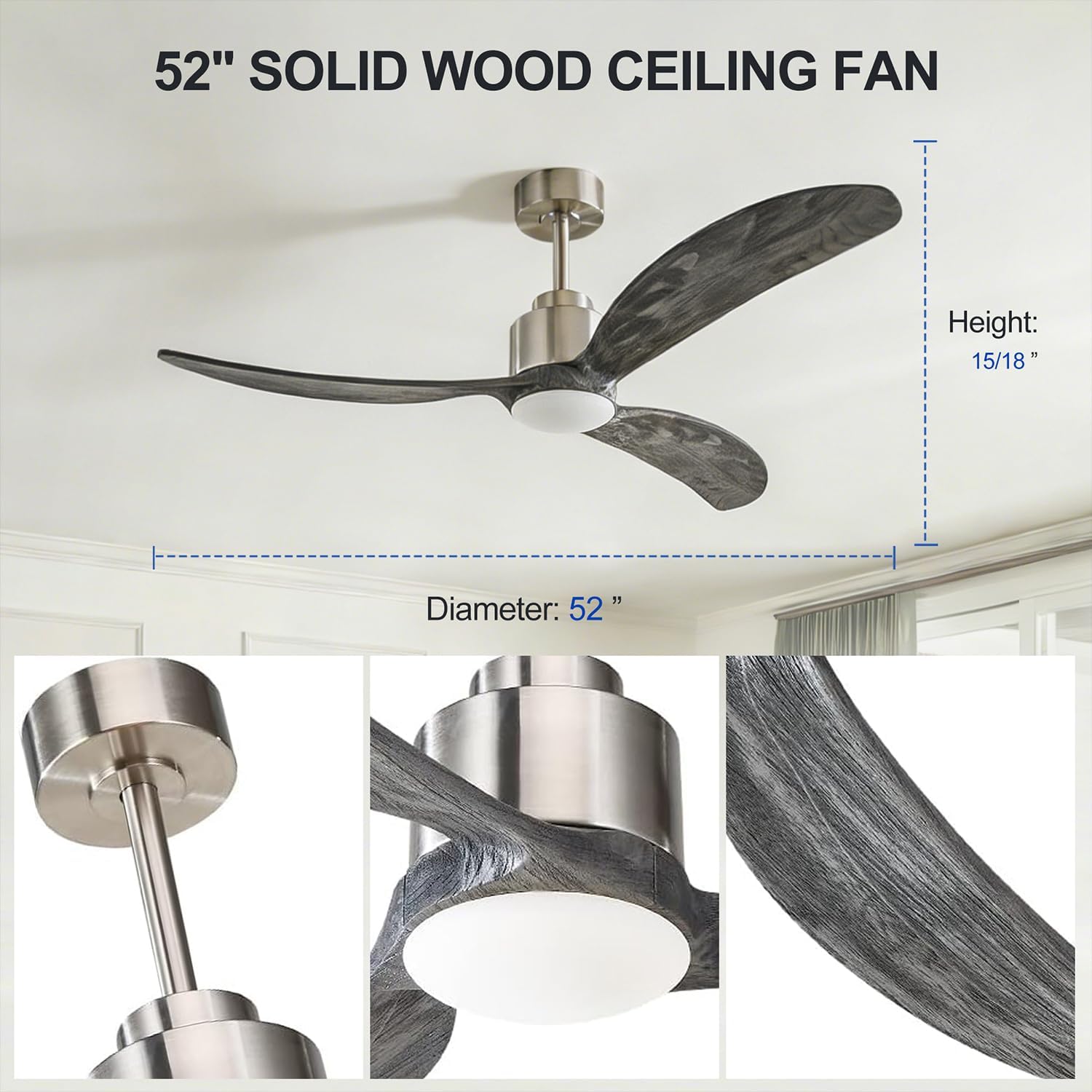 52 inch Ceiling Fans with Lights and Remote Control, Reversible, 3 Wood Blades, 6 Speeds, 3CCT Dimmable, Noiseless, Indoor/Outdoor Silver brushed grey Ceiling Fan for Bedroom Living Room Gazebo Patio