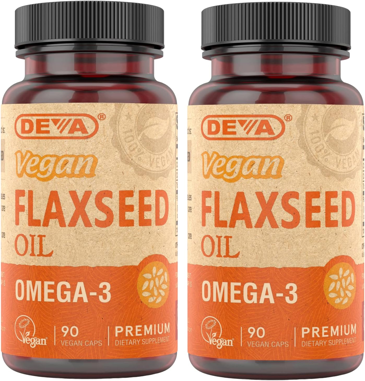 Organic Vegan Vitamins Flax Seed Oil - Rich in Omega-3, Cold-Pressed & Unrefined - 90 Capsules, 2-Pack