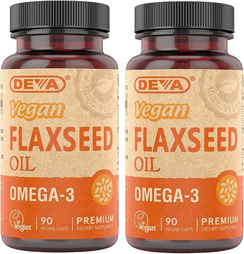 DEVA Aceite de semillas de lino con vitaminas veganas orgánicas, rico en omega-3, prensado en frío y sin refinar, 90 cápsulas, paquete de 2