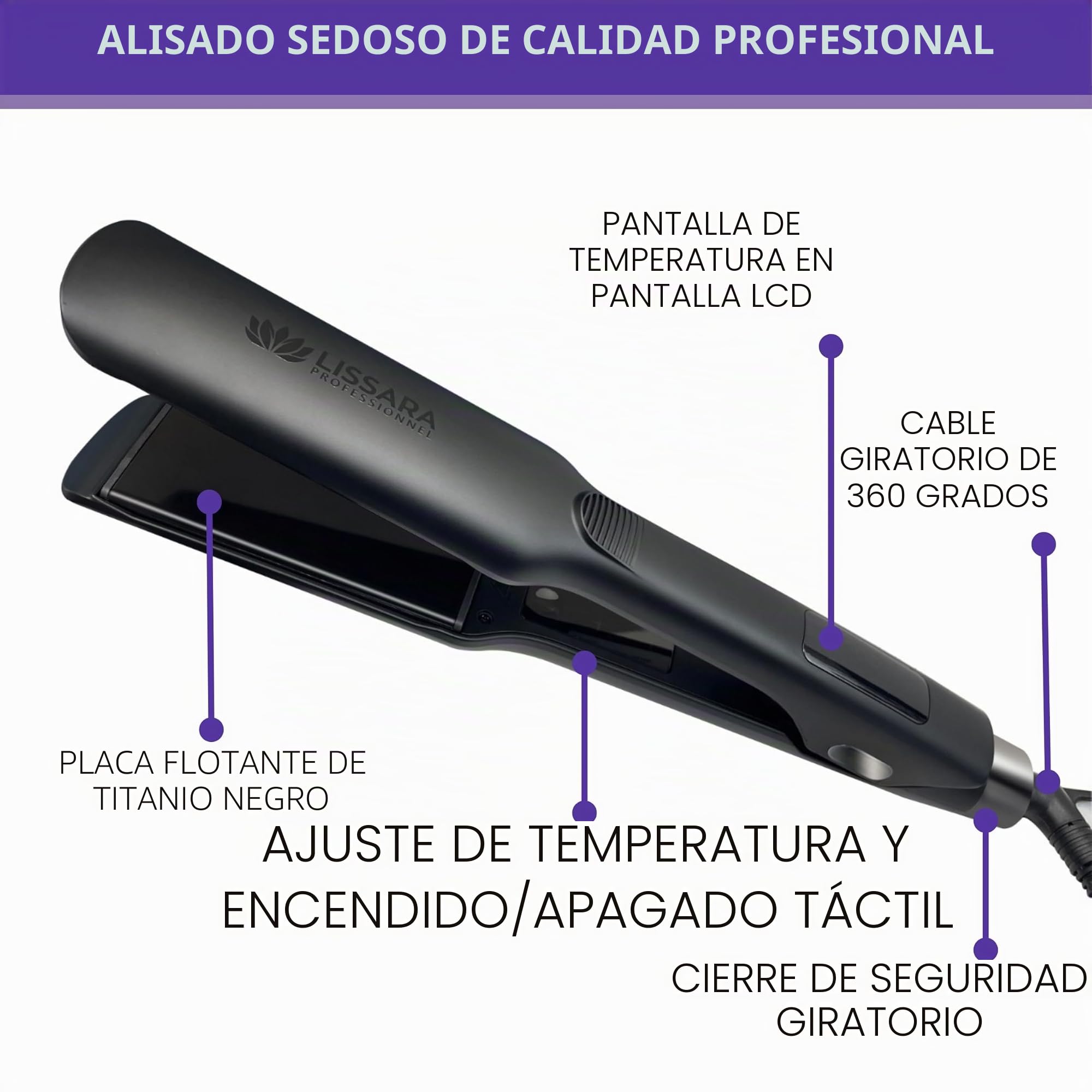 Lissara Wide Evolv - Plancha de pelo profesional - Placas anchas de Nanotitanio y flotantes - Hasta 230 °C - Especial para alisado brasileño - Negra