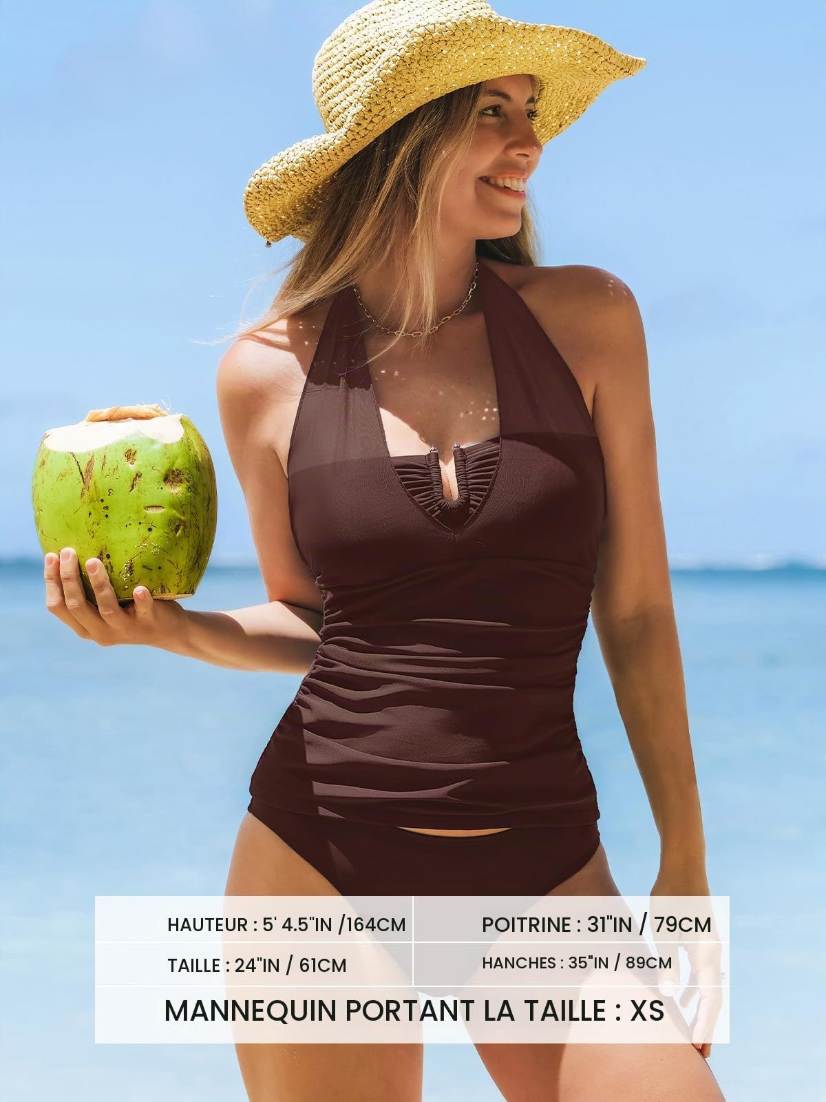 CUPSHE Tankini pour femme - Maillot de bain deux pièces en maille - Dos nu - Taille mi-haute - froncé