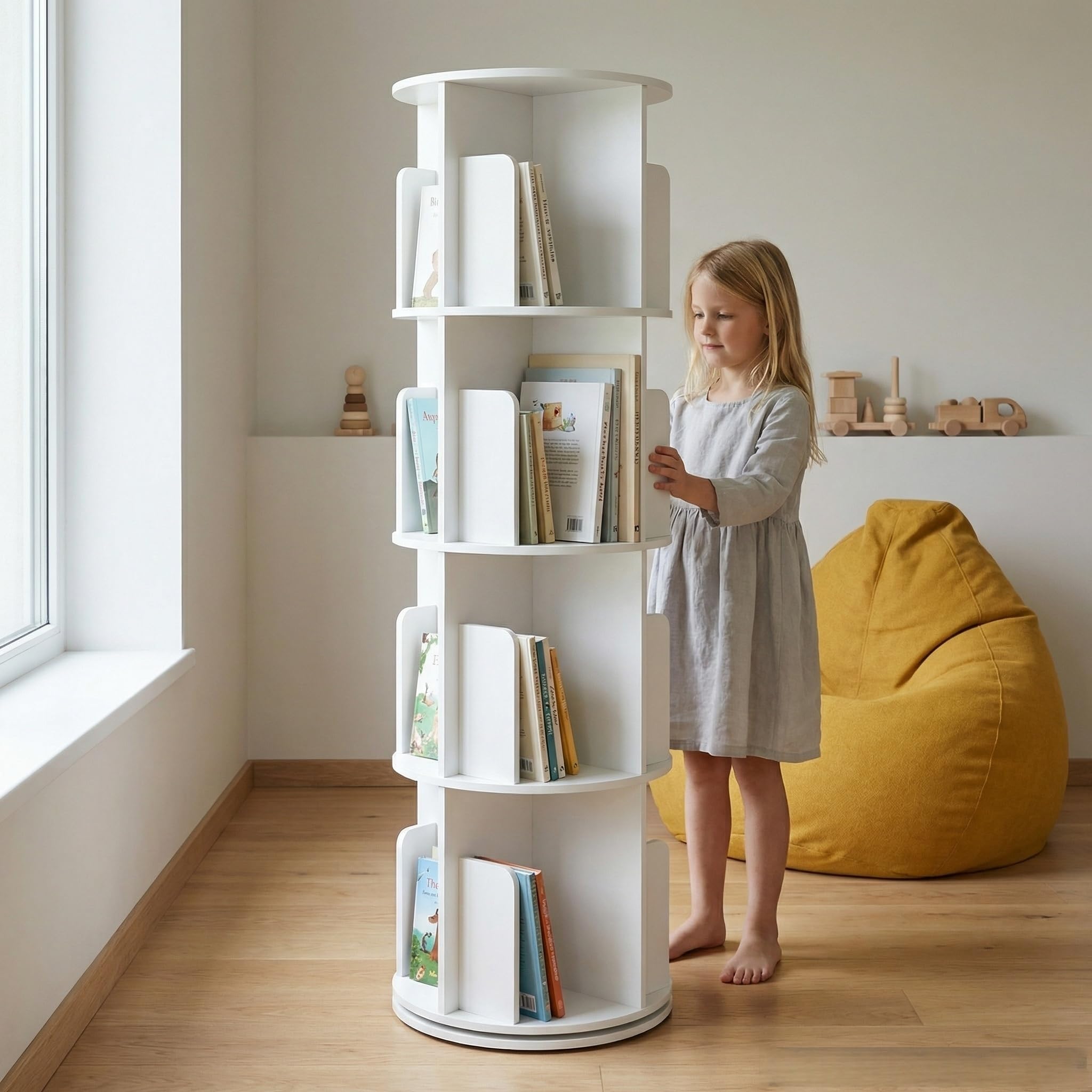 Enfant Bibliothèque Pivotante, 360° Rotative, 4 Niveaux, Étagère à Jouets, Bibliothèque Enfant pour Chambres d'enfants, Bibliotheque Enfant et Salon, Ronde, Blanc