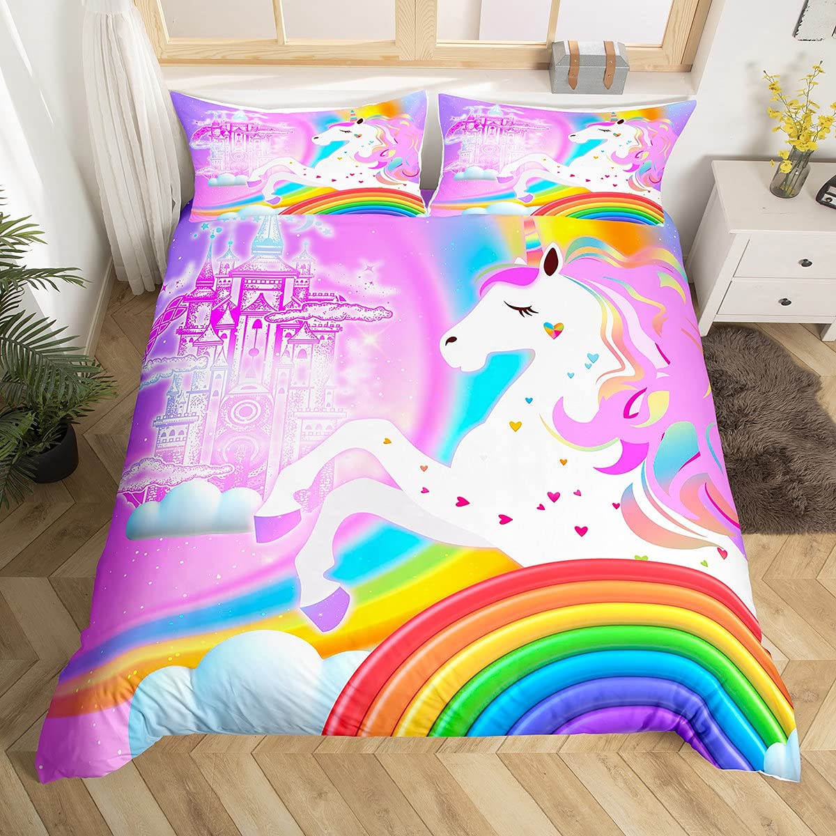 Unicorn Comforter Cover Kids Cute Cartoon Animal Bedding Set for Girls Boys Soft Microfiber Duvet Cover Rainbow Starry Sky Series Castle Bedspread with Zipper Ties, Kawaii Unicorn Quilt Cover, Full
