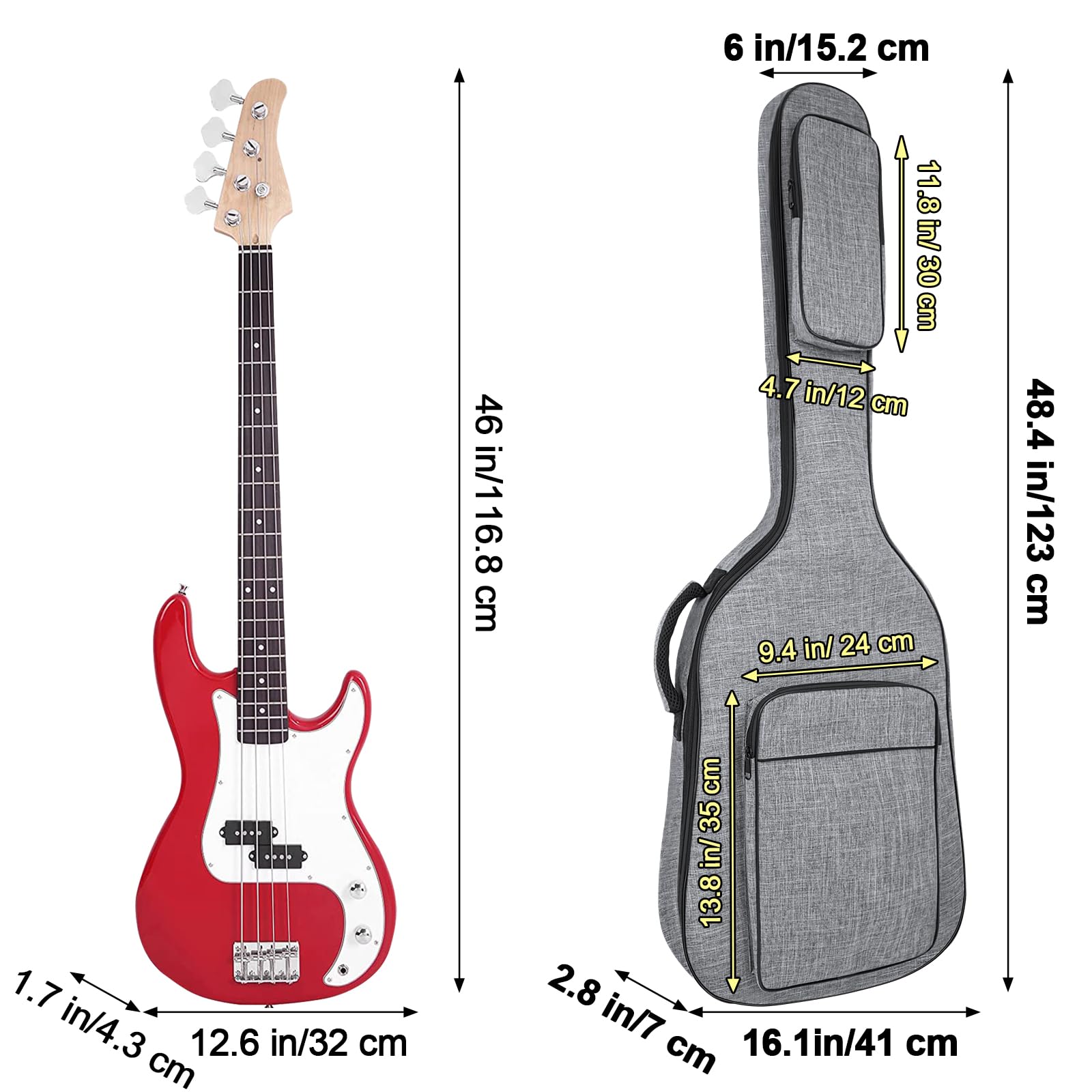 Funda para bajo eléctrico con bolsillos, color gris, 7 mm, acolchado, suave, para bajo, gris, 116.84 cm, Sencillez con estilo