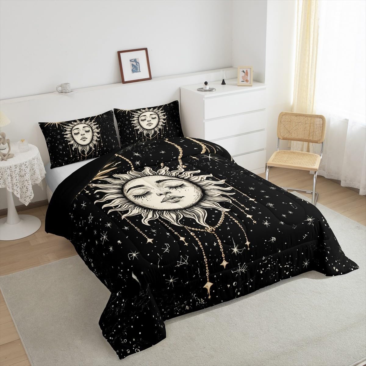 Feelyou Boho Star Moon Sun Comforter Set Queen Size for Kids Teens Youth Room Decor Sun and Moon Bedding Comforter Constellation Soft Polyester Quilt Set with 1 Comforter and 2 Pillow