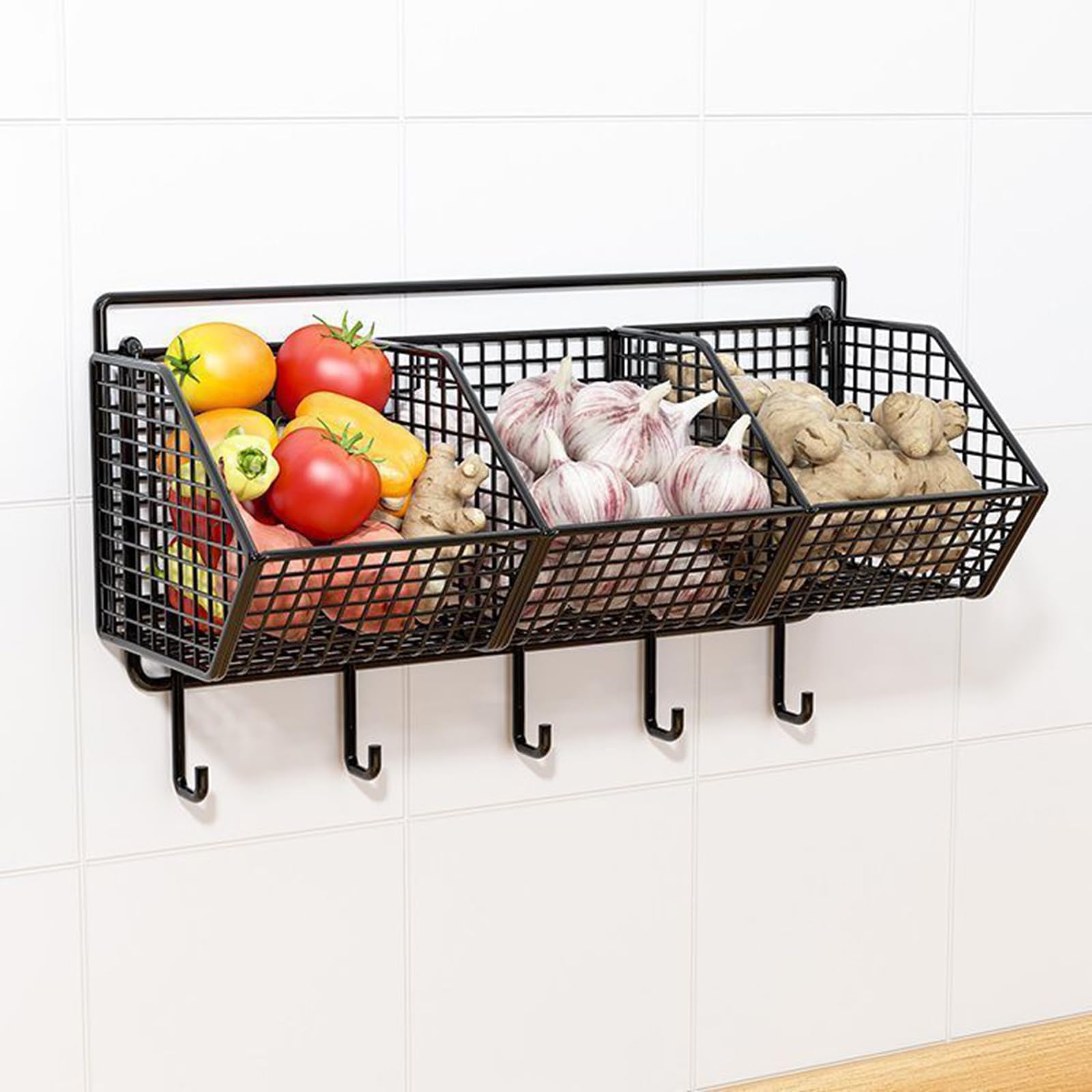 Cesto sospeso in metallo a 3 livelli, salvaspazio, per frutta, verdura e oggetti essenziali per il bagno, cestini rimovibili per organizzare la cucina ed elegante decorazione per la casa