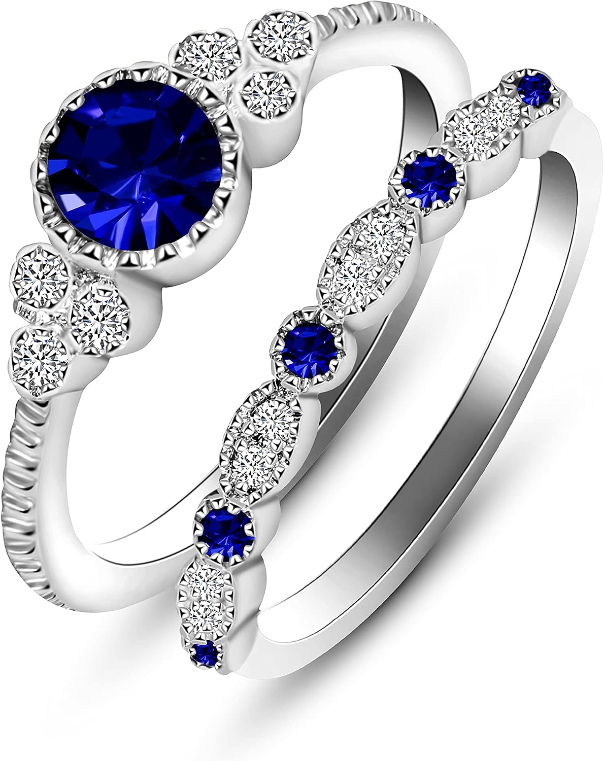 Uloveido Women's Wedding Engagement 2 Rings Set for Bridal Female, Round Blue Crystal Statement Promsie Anniversary Rings Set for Women friend Size 6-10 Y1279