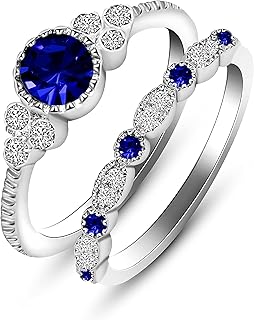 Women's Wedding Engagement 2 Rings Set for Bridal Female, Round Blue Crystal Statement Promsie Anniversary Rings Set for Women friend Size 6-10 Y1279
