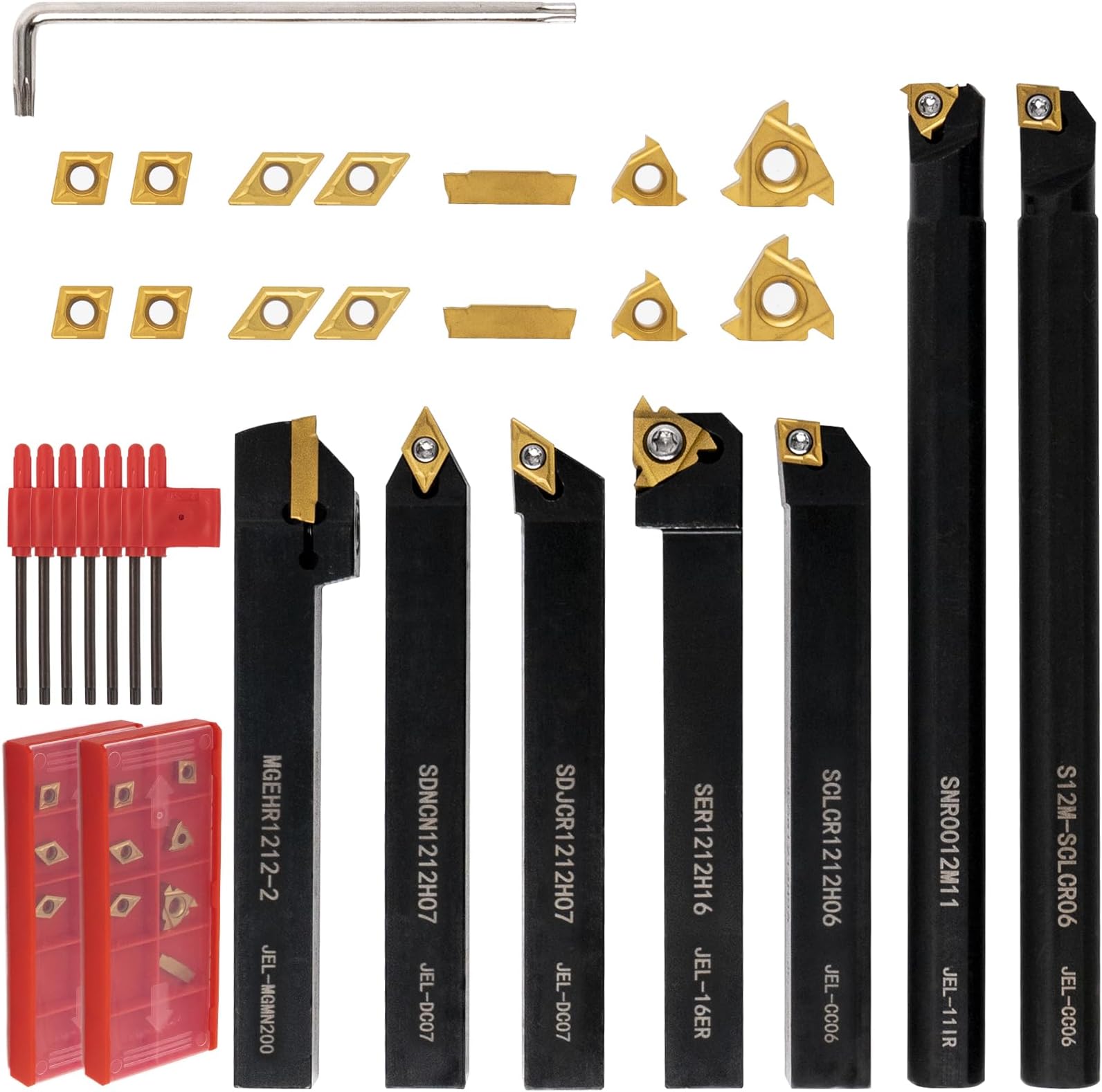 Lathe Tools, Metal Lathe Tools Holders with Indexable Carbide Turning Insert, Carbide Lathe Tools for Turning Grooving Threading Boring, 21 Pieces