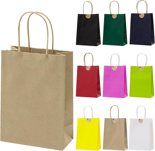 Paper Bags, SMALUCK Gift Bags Kraft Paper Party Bags with Handles, Large Paper Bag with Stickers for Business, Boutique, Birthday, Gift, Wedding and Party Celebrations 150x210x80mm (Brown)
