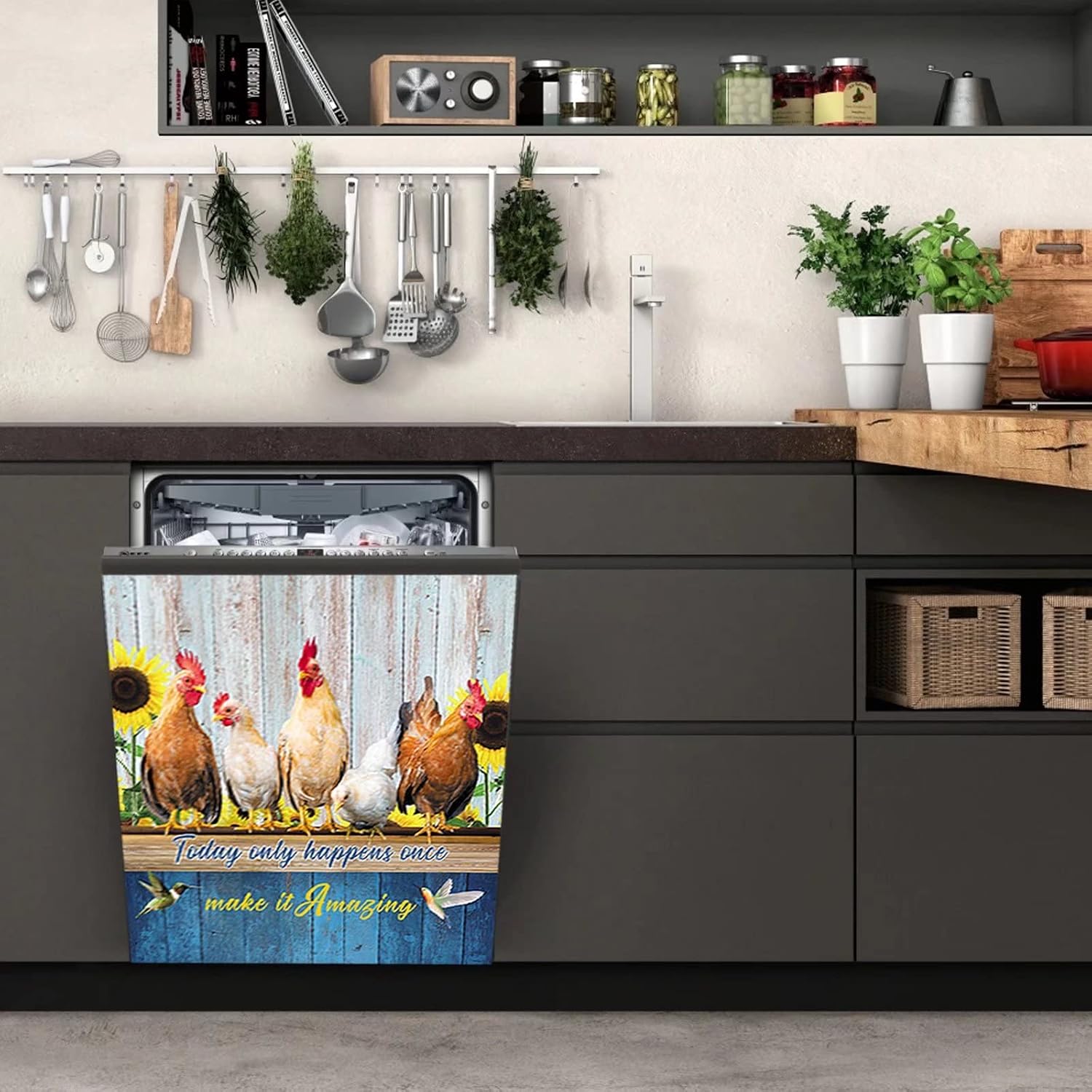 Farm Chicken Dishwasher Magnet Front Door Cover,Country Rooster Magnetic Dishwasher Decoration,Rustic Wood Pattern Refrigerator Decals Fridge Sticker,Sunflower Panel Decal for Appliance 23"x17"